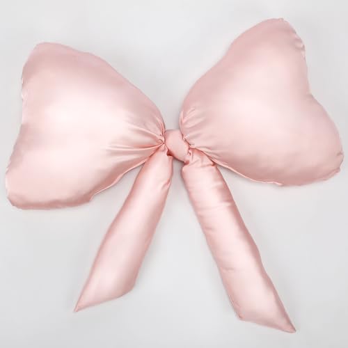 Beeveer 1pack Big Bow Throw Pillow 27 x 24 Inches Satin Pillow Aesthetic Bow Shaped Pillow Coquette Pillow Cushion for Sofa Office Lumbar Decorative Aesthetic Decor(Pink)