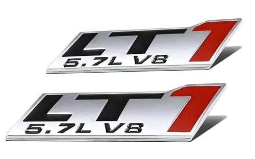 Image of Pair Set LT1 5.7L V8 Engine Hood Trim Badge 3D Emblem Sticker Nameplate (Silver Black Red)