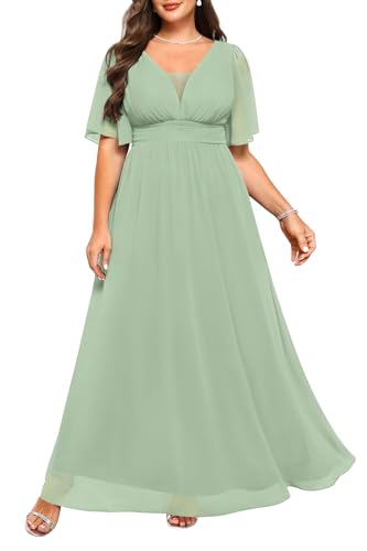 Talisea Formelle Kleider in Übergröße – V-Ausschnitt, Flatterärmel, Abendkleid, Brautjungfer, Hochzeit, Gäste, Chiffon, langes Maxikleid, Grün...