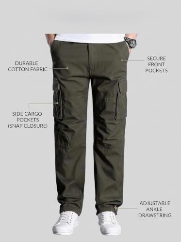 Image of DBAX Men's Olive Green Utility Cargo Pants | Multi Pocket Relaxed Fit Cargo Trousers | Durable Casual Streetwear Pants for Men