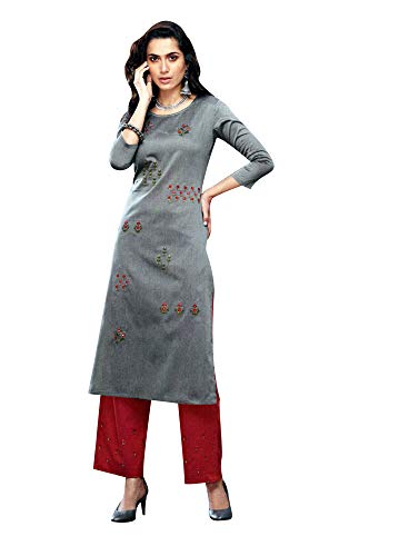 ladyline Kurtis for Women with Pants Set Silk Embroidered Kurta Indian Tunic Top Dress (Size-46/Grey)