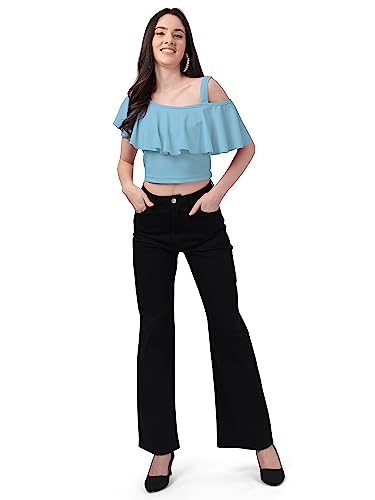 Image of Mehrang Women's Casual Solid Flared Crop Top Round Neck Stretchable Blend for Women /Top for Girls