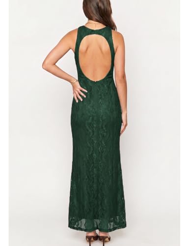 Image of Elegant Lace Floral V Neck Backless Bodycon Dresses for Women Sexy Cut Out Low Back Sleeveless Maxi Dress Wedding Guest