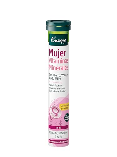 Kneipp Mujer Vitaminas y Minerales, Complemento de Magnesio, Calcio, Vitamina C, Zinc, Hierro y Yodo, Reduce el Cansancio, Aporta Enería y Aumenta las Defensas, Efervescentes, 15 Comprimidos