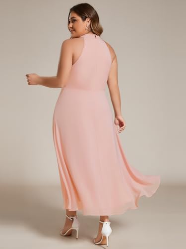 Image of Ever-Pretty Plus Women's Sleeveless Halter A Line Pleated High Low Plus Size Wedding Guest Cocktail Dresses 31926-DA