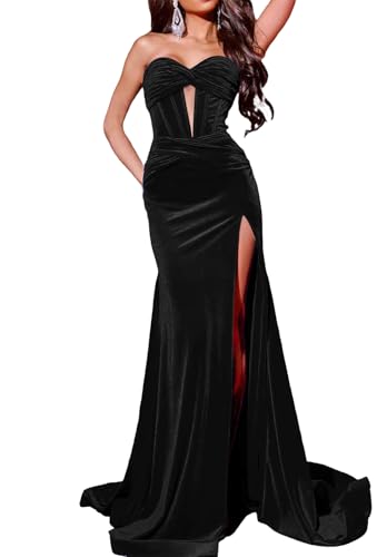 Women's Velvet Formal Dresses Long with Slit Maxi Mermaid Strapless Cutout Evening Gowns Cocktail Party Dress
