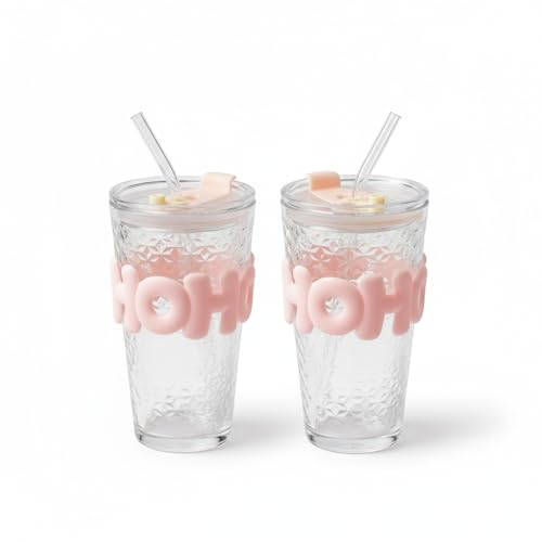 Image of Glass Sipper Tumbler with Straw | 450ml Stylish Cup for Cold & Hot Drinks | Reusable Travel Mug for Office, Gym, Home (Transparent, Pink)
