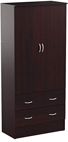 Hodedah Two Door Wardrobe, with Two Drawers, and Hanging Rod, Mahogany