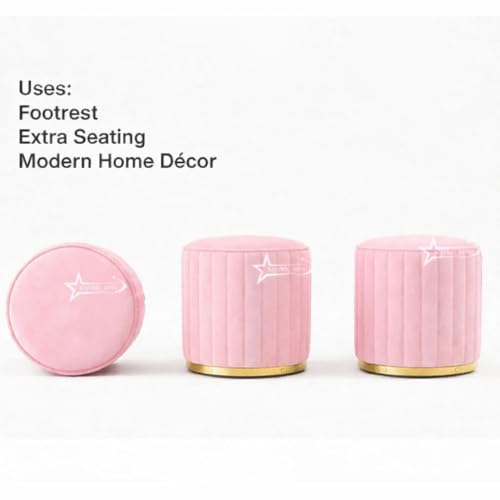 Image of Upholstered Round Linen Strip Stool Living Room Foot Rest Office Stool Pouf Ottoman Padded Seat - Pink