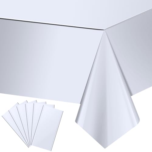 Image of 6 Pack Silver Plastic Tablecloth, Disposable Rectangle Table Covers, Holographic Metallic Foil Tablecloth Silver Party Supplies Decorations for Birthday Graduation Disco Bachelorette, 54x108Inch