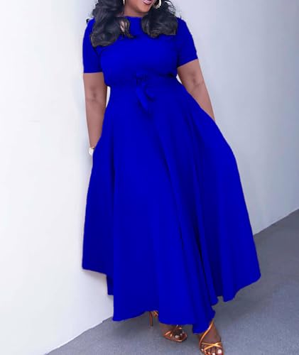 Image of SEMATOMALA Women's A Line Self Tie Waist Maxi Dress Round Neck Long Sleeve High Waist Plus Size Swing Flare Long Dresses