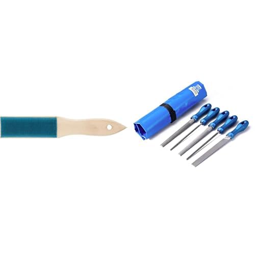 PFERD Feilbock, 18301038 - für ein sicheres Fixieren der Führungsschiene beim Schärfen der Sägekette PFERD Werkstattfeilen-Set in PVC-Rolltasche, 5 Feilen, 200mm, 11800520 - für ein umfassendes