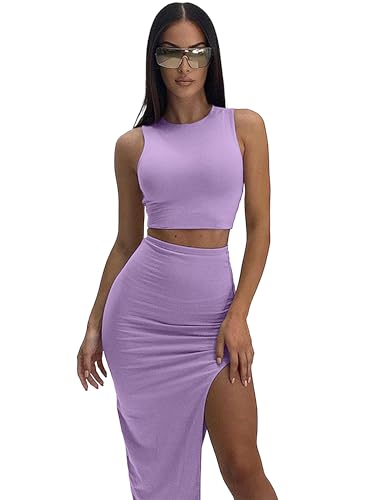 Image of ELLEVEN Sexy 2 Piece Maxi Skirt Sets for Women, Going Out Outfits | High Stretch, Lightweight, Slim Fit, Sleeveless Knit Crop Tank Top, High Slit Skirt Dress Set, Summer Date Night Outfits