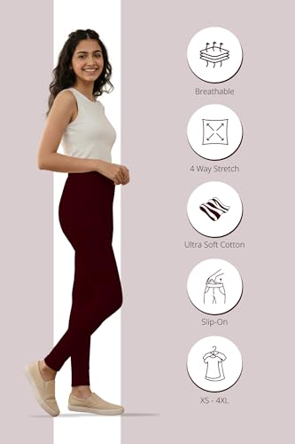 Image of Women's Cotton Lycra Ankle Length Leggings | Regular Rise, Soft 4 Way Stretch Fabric | Casual & Ethnic Wear