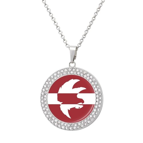 Image of Latvia Flag And Falcon Bird Pendant Necklace for Women Fashion Round Gold Sliver Chain Diamond Bezel Jewelry Silver-style