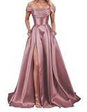 Vestido de dama de honor de satén para mujer con abertura y bolsillos, vestidos de cóctel lisos, Rosa Polvoriento, 46