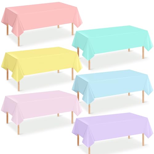 YIDAKO 6Pcs Pastel Tablecloths Rainbow Mix Color Plastic Tablecloth Disposable Rectangle Table Covers for Baby Shower Bridal Wedding Easter Birthday and Ice Cream Party Decoration 54 x 108 Inch