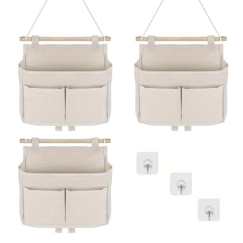 Dulynva 3 Pièces Sac de Rangement Suspendu, Sac De Rangement Mural Pliable, Poches de Rangement Murales pour la maison, le bureau, Beige
