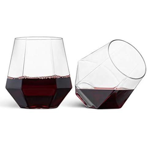 Munfix Plastic Stemless Wine Glasses 32 Pack - Diamond Shaped Unbreakable Disposable 12 Oz Clear Plastic Wine Champagne Whiskey Cups, Shatterproof Recyclable and BPA-Free Cover