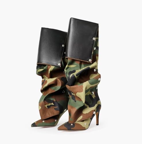 Image of Women's Knee High Shark Boots Pointed Toe High Heels Ruched Stiletto Slouchy Party Boots Detachable Snap-off Panel