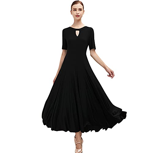 Women's Ballroom Dance Dress Half Sleeve Long Swing Skirt Professional Competition Modern Waltz Cha Cha Dress(Black,S)