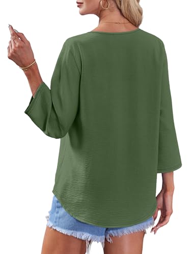 Image of OFEEFAN Button Down Shirts for Women 3 /4 Length Sleeve Tops V Neck Blouses Business Casual Outfits Loose Fit