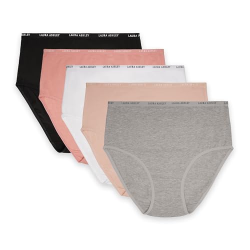Laura Ashley Women's Cotton Brief Underwear Set, High-Waisted Panties for Women, 5-Pack (US, Alpha, Small, Regular, Regular, Md Heather Grey/Naked/White/Rosewood/Black)
