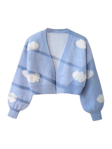 Girl's Cute Cloud Graphic Cardigan Sweater Open Front Long Sleeve Knit Light Weight Cardigans Outerwear