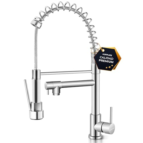 JUPPLIES Grifo Cocina Doble Salida – Acero Inoxidable 304, Caño Giratorio 360° + Ducha Flexible Profesional, Monomando, Instalación Fácil, Grifos Cocina Fregadero Extraíble