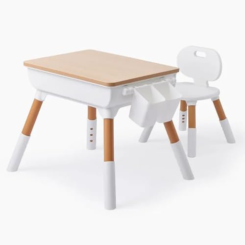 Tonlevo Toddler Desk & Chair Set - Adjustable Height Kids Table with Storage, Solid Wood Legs, Ergonomic for Arts & Crafts, Learning, Snacks & Play (Ages 1-8) - Tool-Free Assembly, White/Natural Wood