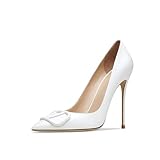 Qunvngutui Women's Pointed Toe Shallow Mouth Sexy Square Buckle Rhinestones 10cm Stiletto Heels Slip-on Wedding Party Banquet Big Size Shoes White V-Buckle US9.5
