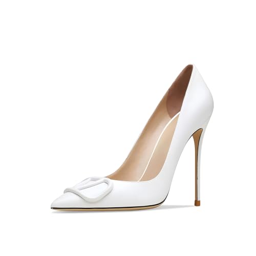 Qunvngutui Women's Pointed Toe Shallow Mouth Sexy Square Buckle Rhinestones 10cm Stiletto Heels Slip-on Wedding Party Banquet Big Size Shoes White V-Buckle US9.5