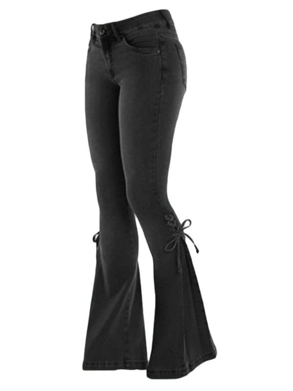 Andongnywell Lace-up Bell Bottom Pants Jeans for Women Mid Waisted Wide Leg Bootcut Slim Denim Pants Trousers
