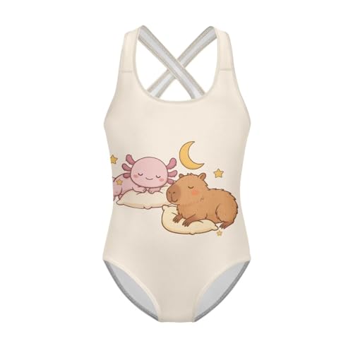 Image of Girls One Piece Swimsuits Axolotl Cross Back Swimwear Beach Summer Quick Dry Beach Bathing Suit