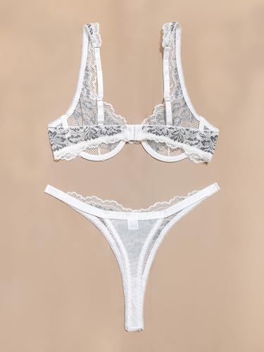 Image of Lilosy Sexy Floral Lace Scallop Underwire Push Up Sheer Lingerie Set Outfits
