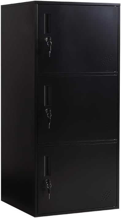 3 Door Metal Vertical Storage Locker for Kids Bedroom, Children Room, School, Office, Home,Stackable Steel Storage Cabinet for Toys, Sports Equipment,Anti-Falling Device. (3D, Black)