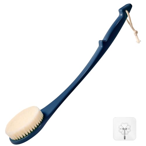 Brosse de Douche pour le Dos, Brosse de Bain de 17 Pouces pour Hommes et Femmes, Brosse Exfoliante à Long Manche, Rigidité Moyenne des Poils pour un Brossage à Sec ou Mouillé (Bleu Foncé)