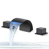 AZOS LED Waterfall Bathroom Faucet 3 Hole Bathroom Sink Faucet Dual Handle Bathroom Vanity Faucet Widespread Waterfall Bathroom Sink Faucet LED Basin Mixer Tap with Hose,Matte Black
