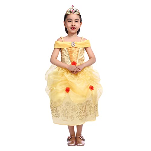 Girls Golden Belle Princess Fancy Dress with Tiara,Unique Belle Costume Dress 5-6years