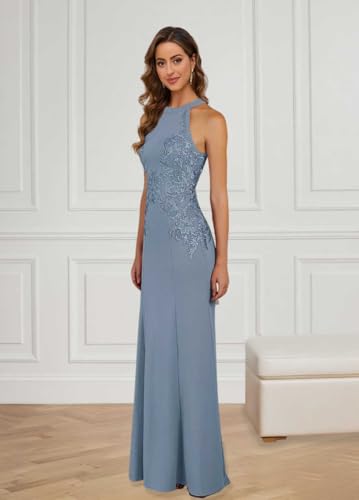 Image of KDTM Satin Lace Mother of The Bride Dresses Long Halter Sleeveless Formal Dresses for Women Wedding Guest