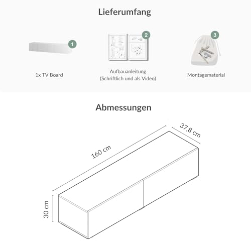 Planetmöbel West TV-Schrank, Fernsehtisch 160 cm lang, TV-Board hängend oder stehend, Fernsehschrank für Wohnzimmer, TV Möbel 37,8 x 160 x 30 cm, weiß