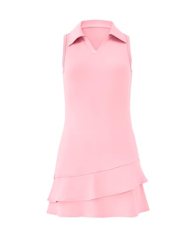 Girls Tennis Dress Sleeveless Golf Outfit V Neck Athletic Dresses with Built-in Shorts and Pockets
