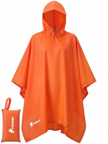 Image of PTEROMY Hooded Rain Poncho for Adult, Waterproof Lightweight Unisex Raincoat for Hiking Camping Emergency