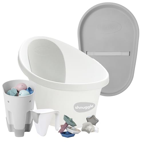 Shnuggle Baby Bath + Accessories Bundle - Includes Baby Bath with Bum Bump, Squishy Changing Mat, Ellie Scoop, Washy Rinse Jug, Stack n Sail Bath Boats, & Wishy Toy - 6-Piece Set, White & Grey