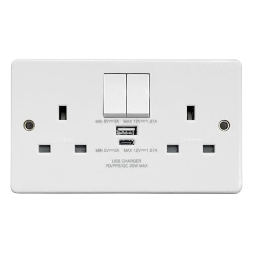 Image of Crabtree USB Double Socket Dual Charger Switched 2 Gang Plug White USB-C & USB-A 4306/USBC