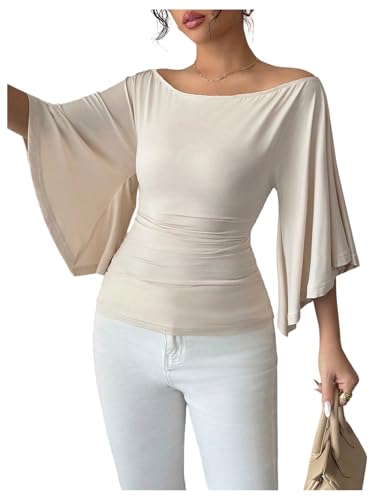 OYOANGLE Women's Bell Sleeve Tops Off The Shoulder T Shirts Slim