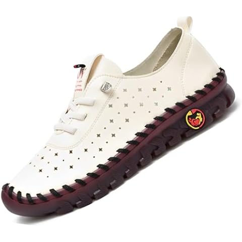CrazySavage Women's Leather Soft Bottom Flat Shoes Handmade Hollow Breathable Slip Ons Loafers Casual Cutout Round Roe Beef Tendon Walkings (White,8,Women,8) Cover