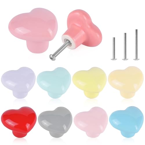 OctinPris 10x Colorful Cute Glossy Ceramic Knobs Door Pull Knob Cabinet Love-Heart Shape Ceramic Drawer Kitchen Dresser Kids Child Pulls Wardrobe Handle