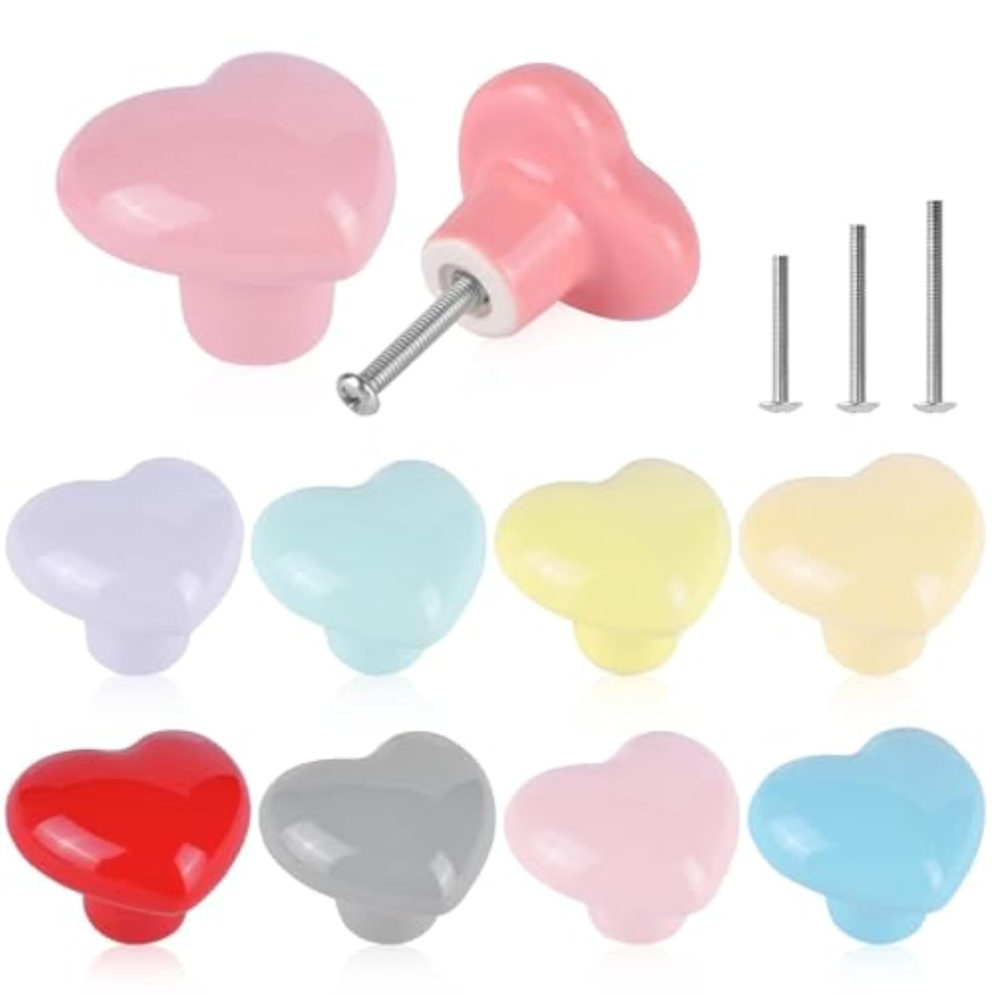 Colorful Ceramic Knobs, Pack of 10, Heart Shape