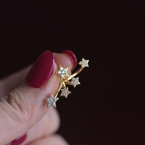 S925 Sterling Silver White CZ Star Jacket Earrings to Women, 14K Gold Plated Shiny Bling Cz Stars Cluster Stud Earrings Delicate Red CZ Stars Ear Crawlers Earring Christmas Birthday Wedding Jewelry Gift 6
